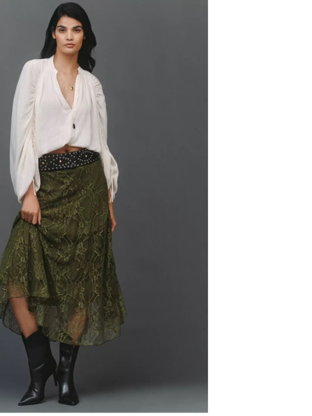 By Anthropologie Asymmetric Drop-Waist Lace Midi Skirt XL green new